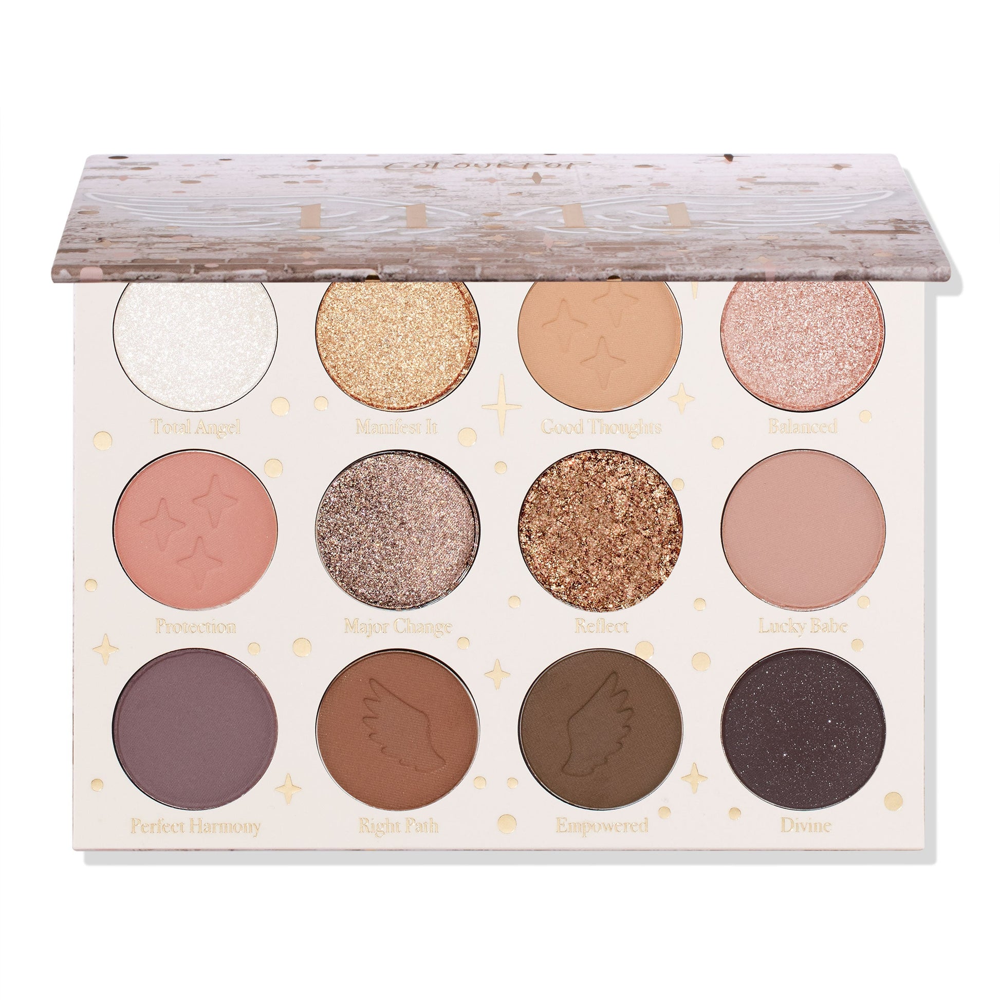 11:11 ColourPop Shadow Palette sits with lid half open, revealing 12 neutral shades - mattes and glittery metallics in ivory, gold, rose, taupe, warm browns, plum, and deep charcoal - with star/wing embossing and shade names on a white background.
