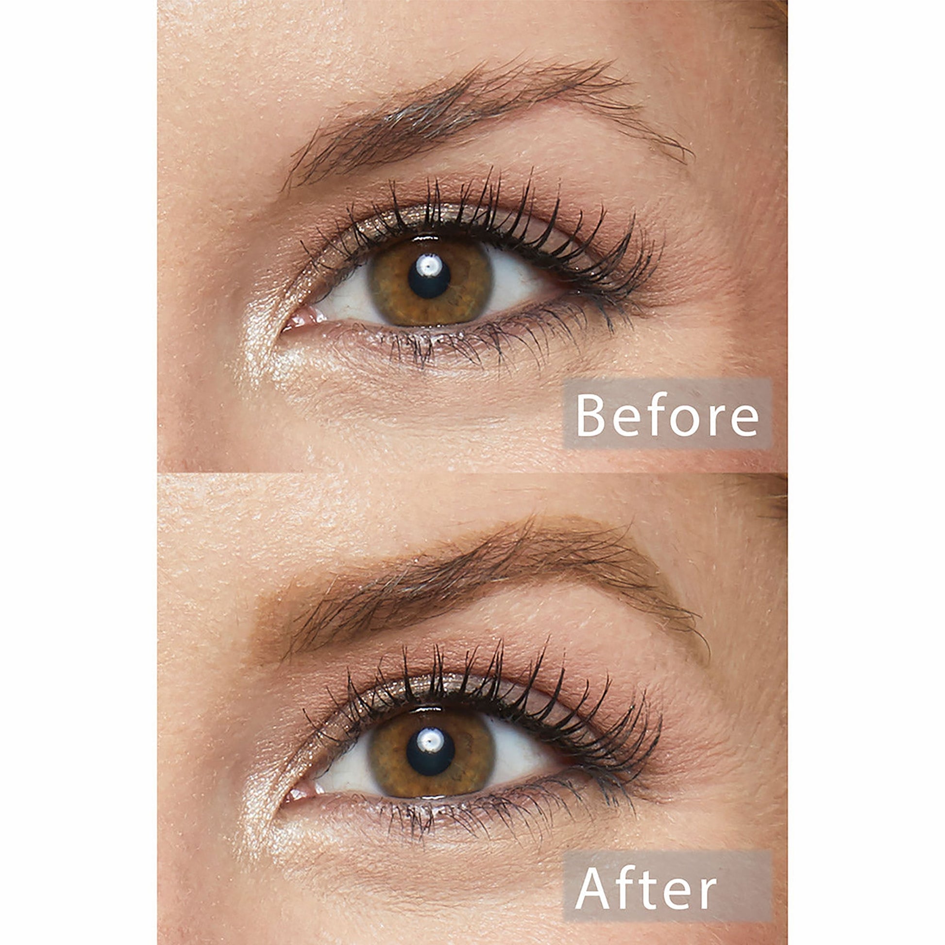 ColourPop Bangin' Brunette Pencil fills and defines a natural brown eyebrow - before-and-after close-up shows a sparse brow versus a fuller, shaped arch around the eye, highlighting precise brow pencil results.