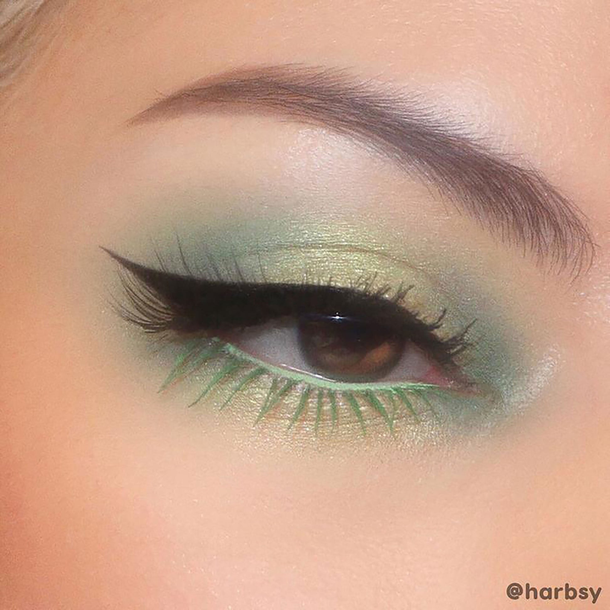 Sharp black wing defining a brown eye, created with ColourPop BFF Liquid Liner in Black, drawn along the upper lash line with a precise brush tip; shimmery mint and sage eyeshadow and green lower lashes complete the look.
