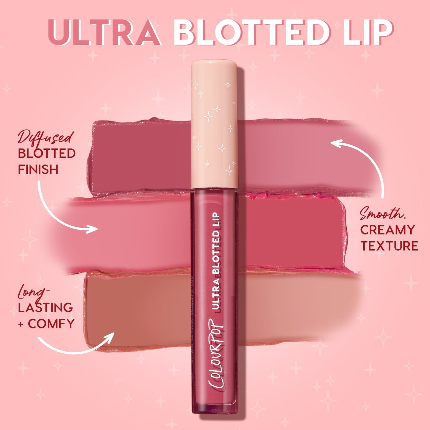 ColourPop Ultra Blotted Lip in Canon Dr stands centered with a cream, starry cap over mauve, rose, and nude swatches, showcasing a diffused blotted finish and smooth, creamy, long‑lasting comfort for everyday blurred‑matte color.