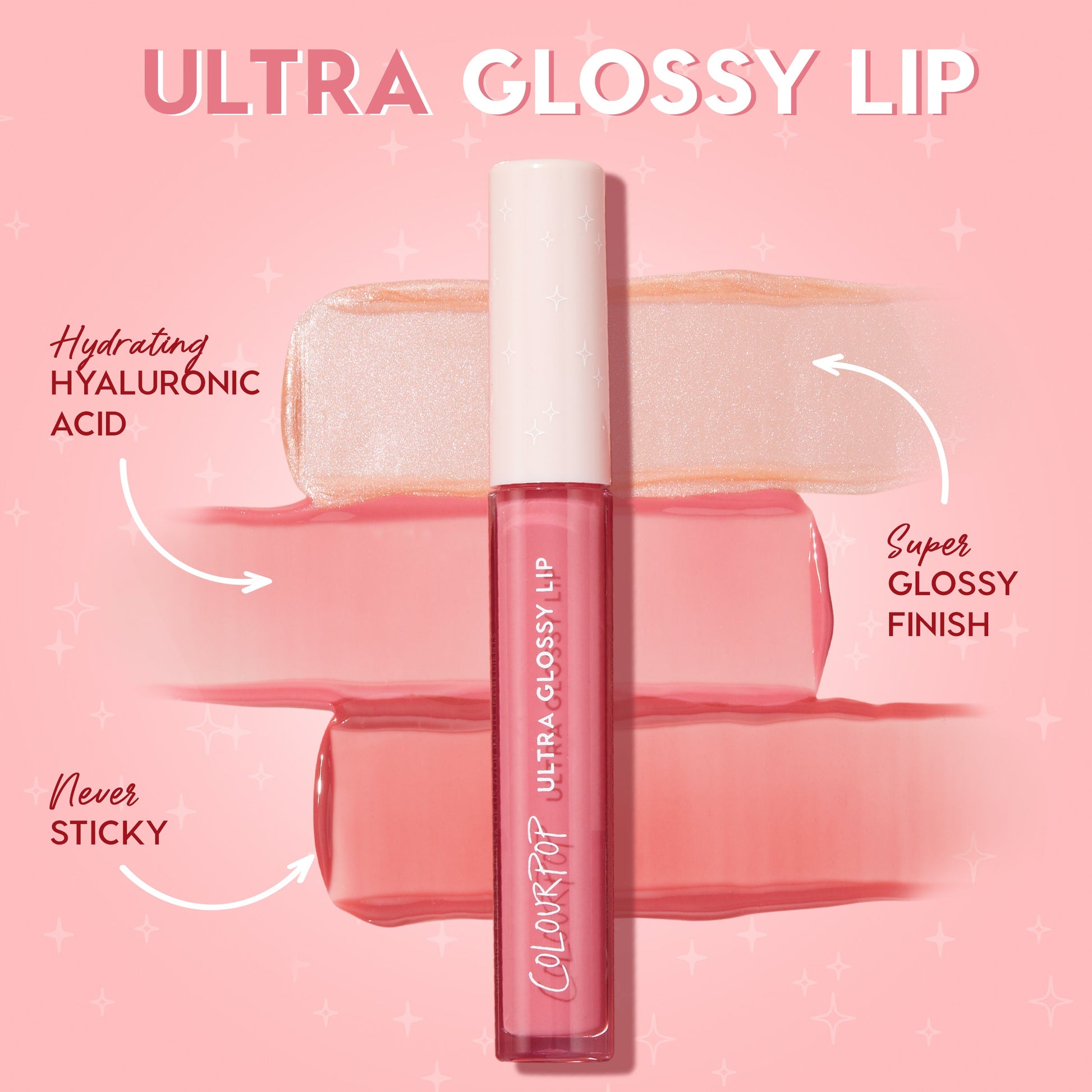 ColourPop Ultra Glossy Lip in Coffee Break stands upright with a white cap and rosy pink tube, shown with shimmering swatches on a pink backdrop, emphasizing hydrating hyaluronic acid, a never‑sticky feel, and a super glossy finish.