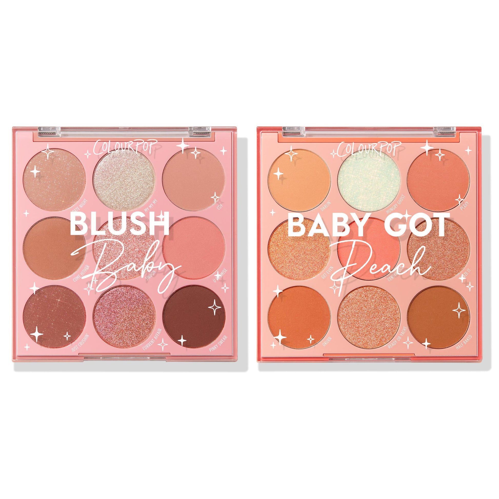 Baby Got Blush ColourPop Shadow Palette Set showcasing two open nine-pan palettes - Blush Baby and Baby Got Peach - displaying warm blush and peach shades in matte and glitter finishes on a white background.