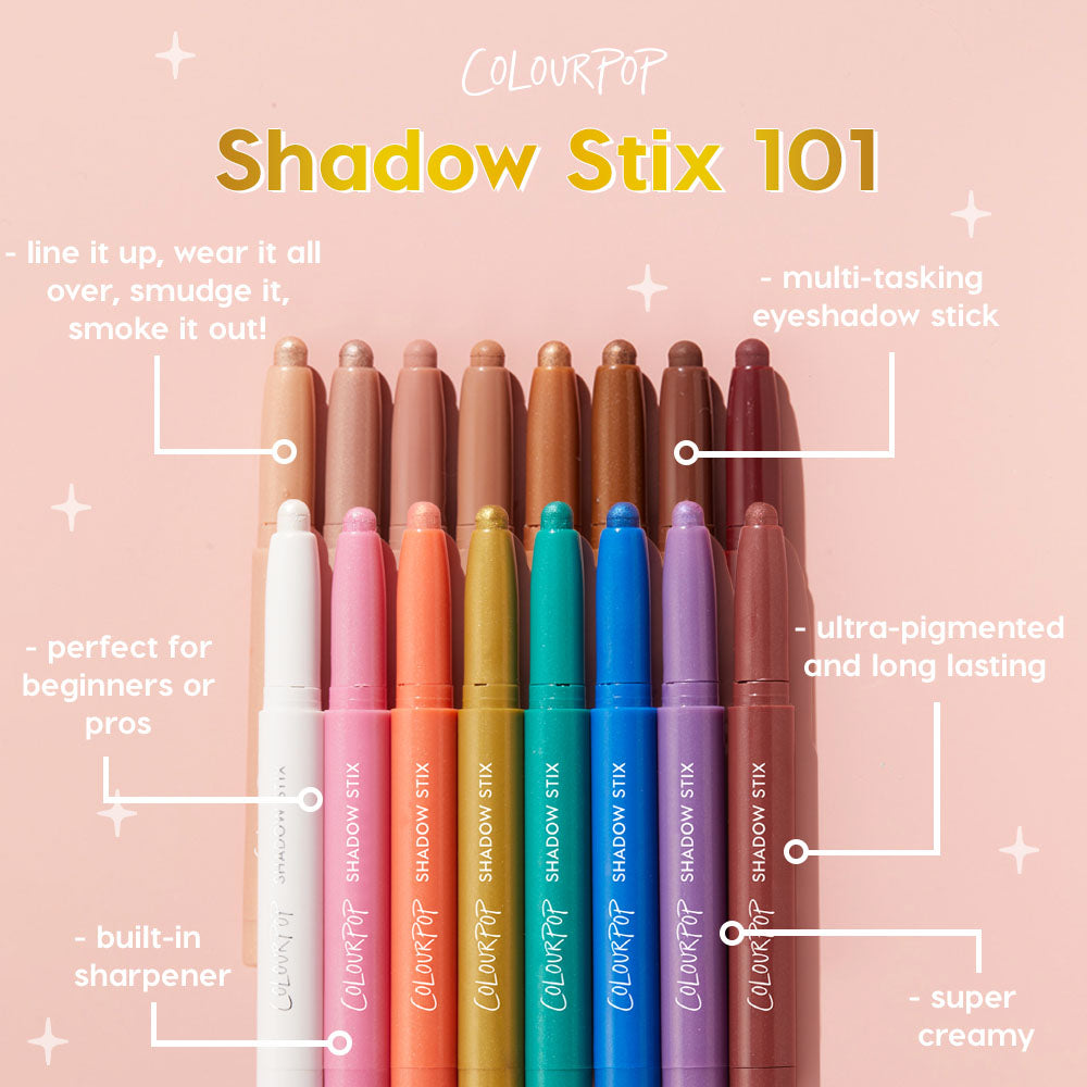 Bare With Me Shadow Stix eyeshadow stick stands tip-up beside a rainbow lineup of ColourPop Shadow Stix, highlighting a creamy, ultra-pigmented, long-lasting formula with a built-in sharpener on a pink backdrop with feature callouts.