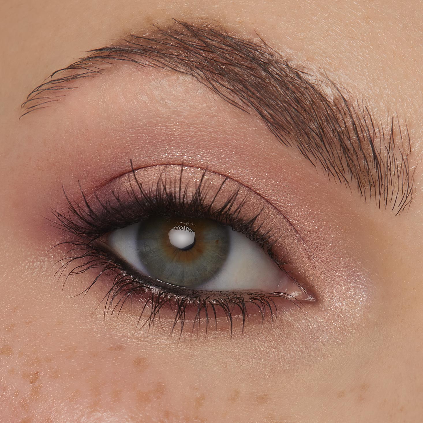 Light green-hazel eye flaunts peachy-pink shimmer with soft plum smoke and defined lashes, showcasing Coconut BB ColourPop Shadow Palette Set; close-up highlights seamless blend and subtle glow for an everyday neutral look.