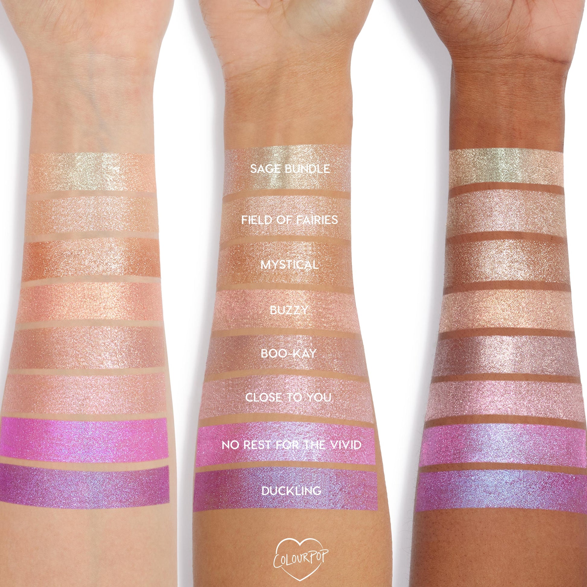 Brentwood Jelly Much Shadow by Colourpop swatched on three skin tones, showing shimmery peachy champagne and pink eyeshadow finish among the stacked metallic pastel shades for comparison of color payoff and texture.