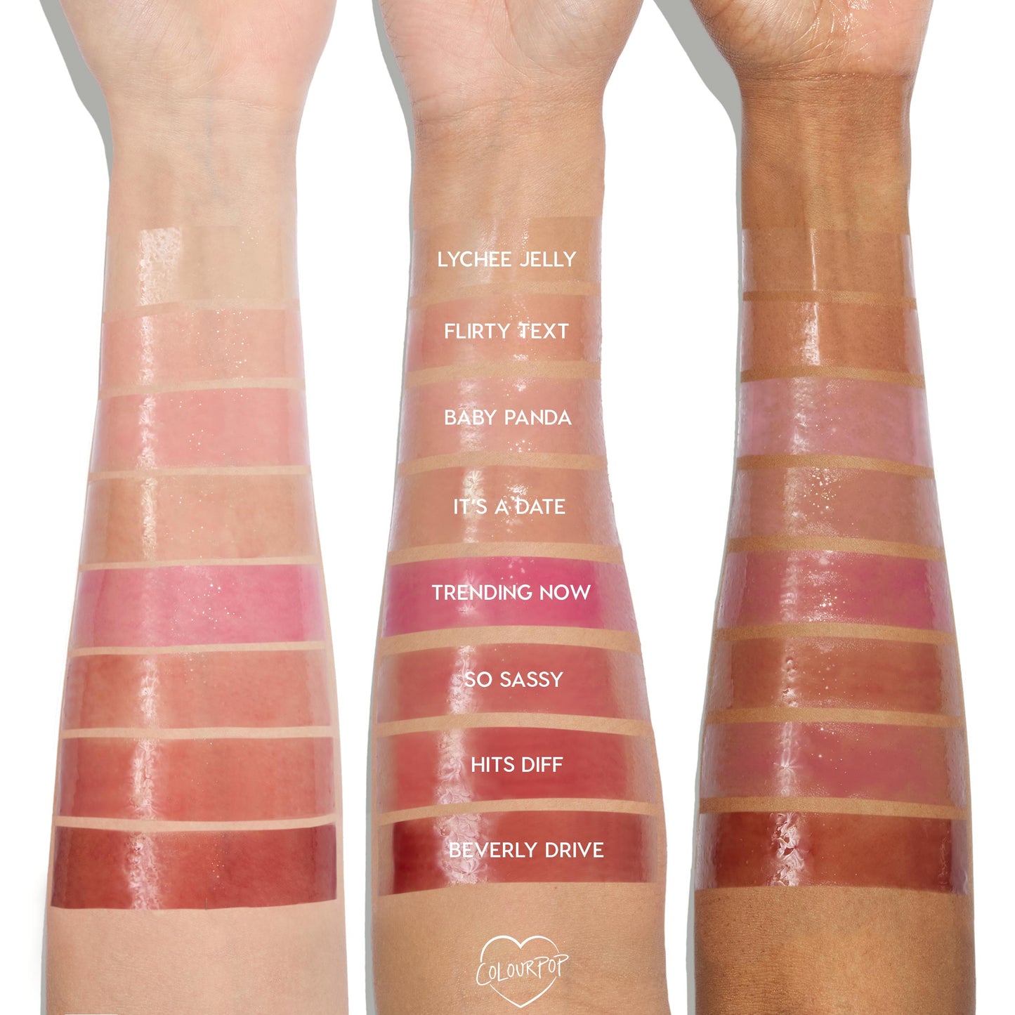 Glossy lip oil swatches, from clear to rose and deep berry, shown on three arms in light, medium, and deep skin tones, labeled Lychee Jelly, Flirty Text, Baby Panda, It’s a Date, Trending Now, So Sassy, Hits Diff, Beverly Drive; ColourPop 100% Juicy So Juicy Lip Oil Set.